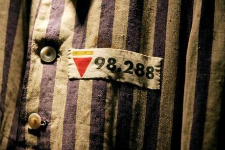 The prison uniform of Auschwitz survivor Leon Greenman is displayed in 2004 at the Jewish Museum in London, England.
Ian Waldie/Getty Images
